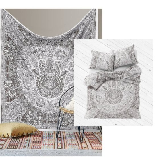 Full/Queen HAMSA Grey White Tapestry Wall Hanging Bedding Bohemian Boho Style - Picture 1 of 10